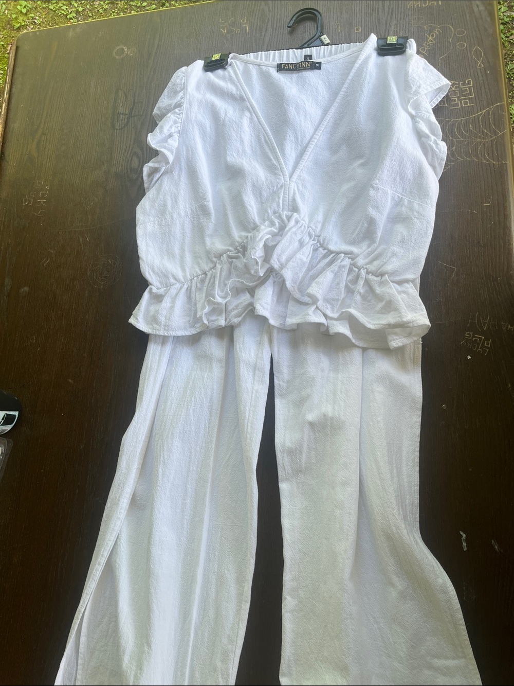 Fancyinn White V-Neck Ruffle Waist Two-Piece Set